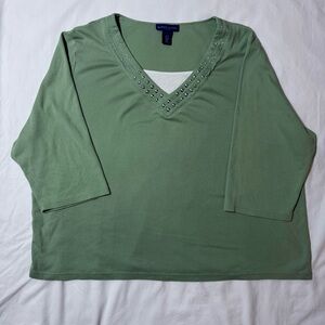 Karen Scott Green Studded V-Neck 3/4 Sleeve Knit Top Size 3X